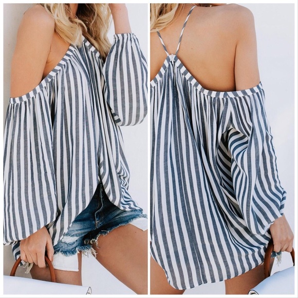 5⭐️ /SERENITY/ Cold Shoulder Striped Blouse Top - Picture 7 of 9